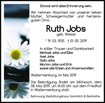 Traueranzeige von Ruth Joobs (geb. Wiesel)  von Magdeburger Volksstimme