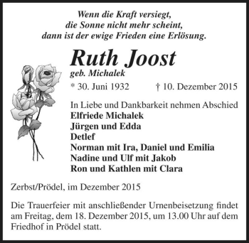Traueranzeige von Ruth Joost (geb. Michalek)  von Magdeburger Volksstimme