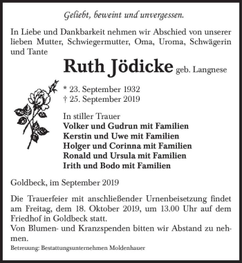 Traueranzeige von Ruth Jödicke (geb. Langnese)  von Magdeburger Volksstimme