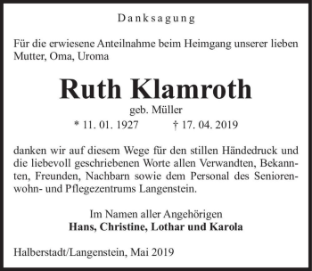 Traueranzeige von Ruth KIamroth (geb. Müller)  von Magdeburger Volksstimme