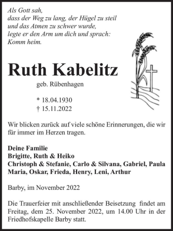 Traueranzeige von Ruth Kabelitz (geb. Rübenhagen)  von Magdeburger Volksstimme