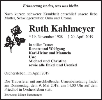 Traueranzeige von Ruth Kahlmeyer  von Magdeburger Volksstimme