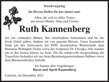 Traueranzeige von Ruth Kannenberg  von Magdeburger Volksstimme