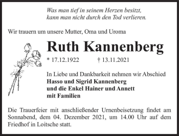 Traueranzeige von Ruth Kannenberg  von Magdeburger Volksstimme