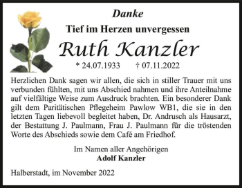 Traueranzeige von Ruth Kanzler  von Magdeburger Volksstimme