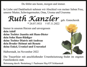 Traueranzeige von Ruth Kanzler (geb. Gonschorek)  von Magdeburger Volksstimme