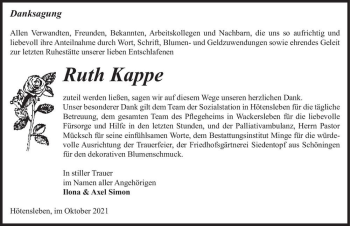 Traueranzeige von Ruth Kappe  von Magdeburger Volksstimme