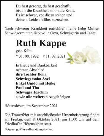 Traueranzeige von Ruth Kappe (geb. Kühn)  von Magdeburger Volksstimme