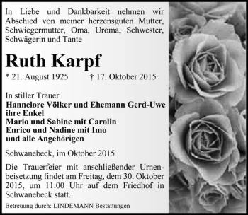 Traueranzeige von Ruth Karpf  von Magdeburger Volksstimme