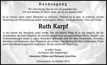 Traueranzeige von Ruth Karpf  von Magdeburger Volksstimme