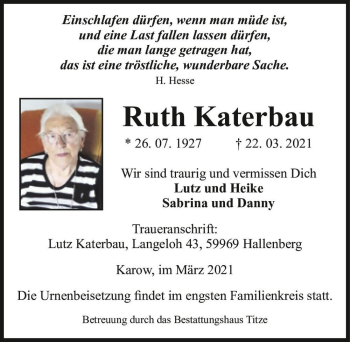 Traueranzeige von Ruth Katerbau  von Magdeburger Volksstimme