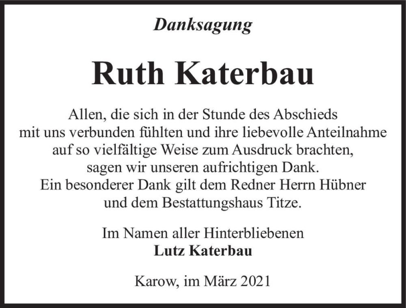  Traueranzeige für Ruth Katerbau  vom 10.04.2021 aus Magdeburger Volksstimme