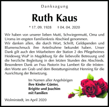 Traueranzeige von Ruth Kaus  von Magdeburger Volksstimme