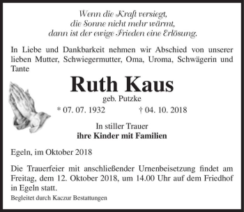 Traueranzeige von Ruth Kaus (geb. Putzke)  von Magdeburger Volksstimme