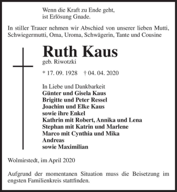 Traueranzeige von Ruth Kaus (geb. Riwotzki)  von Magdeburger Volksstimme