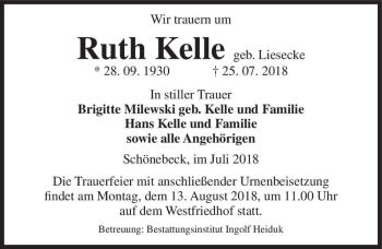 Traueranzeige von Ruth Kelle (geb.  Milewski)  von Magdeburger Volksstimme