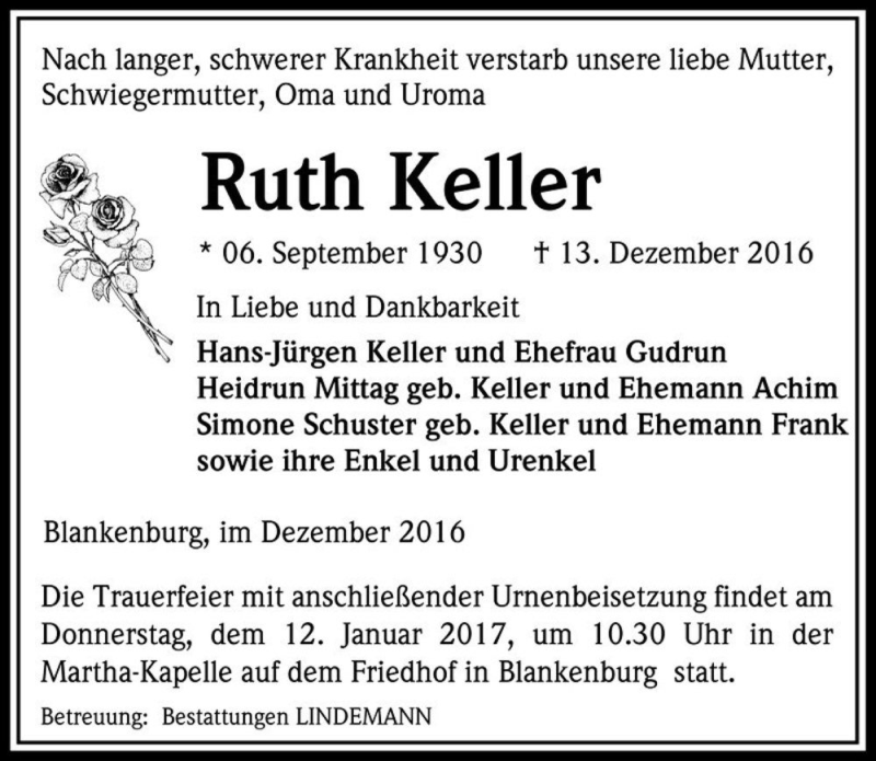  Traueranzeige für Ruth Keller  vom 17.12.2016 aus Magdeburger Volksstimme