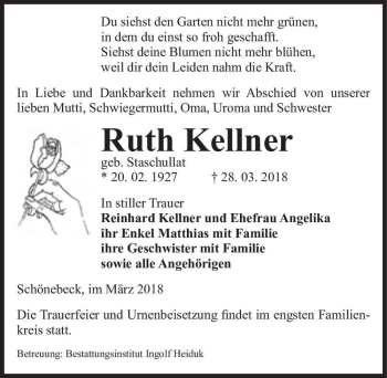Traueranzeige von Ruth Kellner (geb. Staschullat)  von Magdeburger Volksstimme