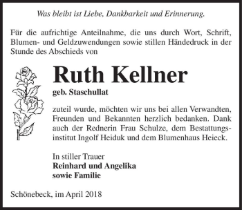 Traueranzeige von Ruth Kellner (geb. Staschullat)  von Magdeburger Volksstimme