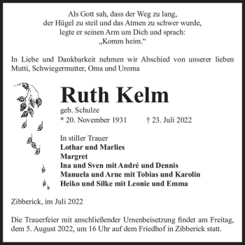 Traueranzeige von Ruth Kelm (geb. Schulze)  von Magdeburger Volksstimme