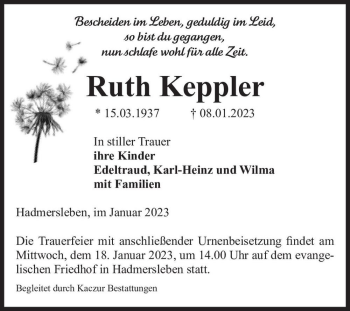Traueranzeige von Ruth Keppler  von Magdeburger Volksstimme