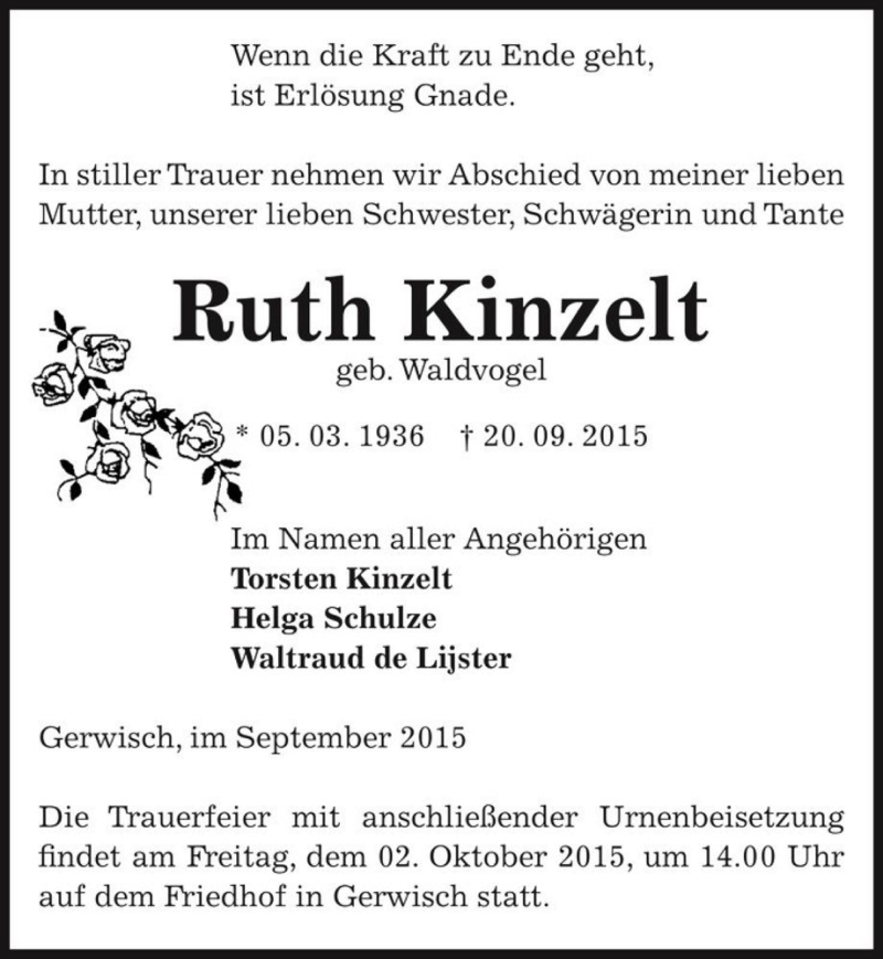  Traueranzeige für Ruth Kinzelt (geb. Waldvogel)  vom 26.09.2015 aus Magdeburger Volksstimme