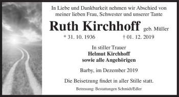 Traueranzeige von Ruth Kirchhoff (geb. Müller)  von Magdeburger Volksstimme