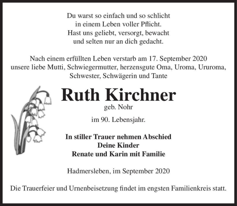 Traueranzeige für Ruth Kirchner (geb. Nohr)  vom 30.09.2020 aus Magdeburger Volksstimme