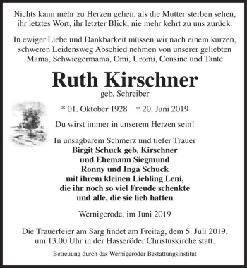 Traueranzeige von Ruth Kirschner (geb. Schreiber)  von Magdeburger Volksstimme