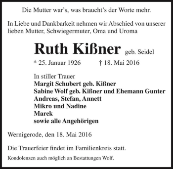 Traueranzeige von Ruth Kißner (geb. Seidel)  von Magdeburger Volksstimme