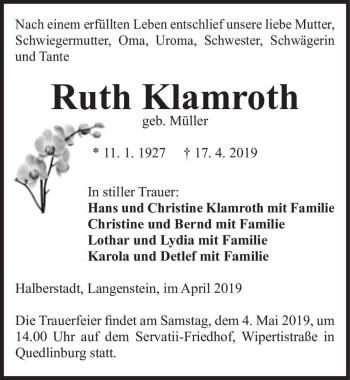 Traueranzeige von Ruth Klamroth (geb. Müller)  von Magdeburger Volksstimme
