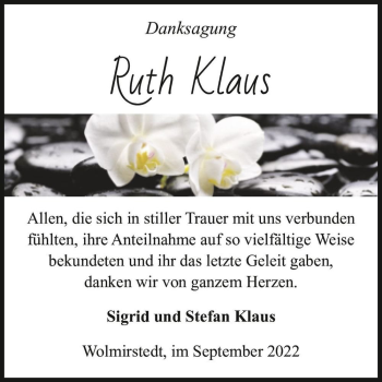 Traueranzeige von Ruth Klaus  von Magdeburger Volksstimme