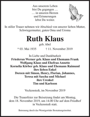 Traueranzeige von Ruth Klaus (geb. Abel)  von Magdeburger Volksstimme