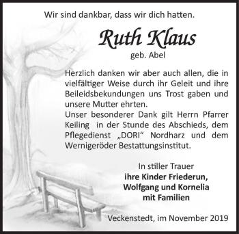 Traueranzeige von Ruth Klaus (geb. Abel)  von Magdeburger Volksstimme