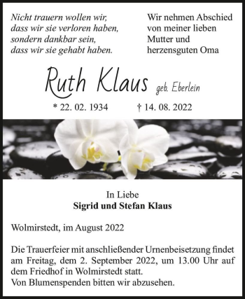 Traueranzeige von Ruth Klaus (geb. Eberlein)  von Magdeburger Volksstimme