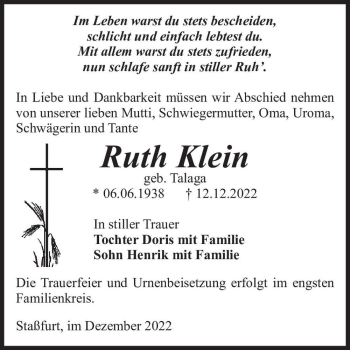 Traueranzeige von Ruth Klein (geb. Talaga)  von Magdeburger Volksstimme