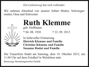 Traueranzeige von Ruth Klemme (geb. Hoffmann)  von Magdeburger Volksstimme