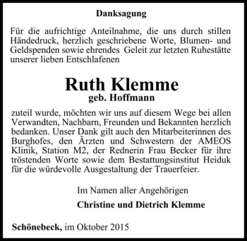 Traueranzeige von Ruth Klemme (geb. Hoffmann)  von Magdeburger Volksstimme