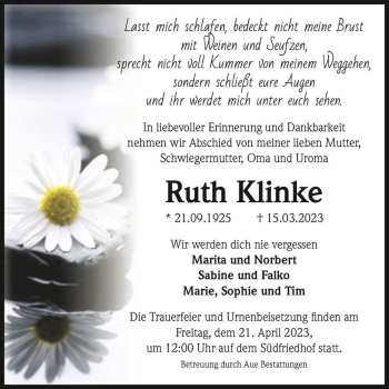 Traueranzeige von Ruth Klinke  von Magdeburger Volksstimme