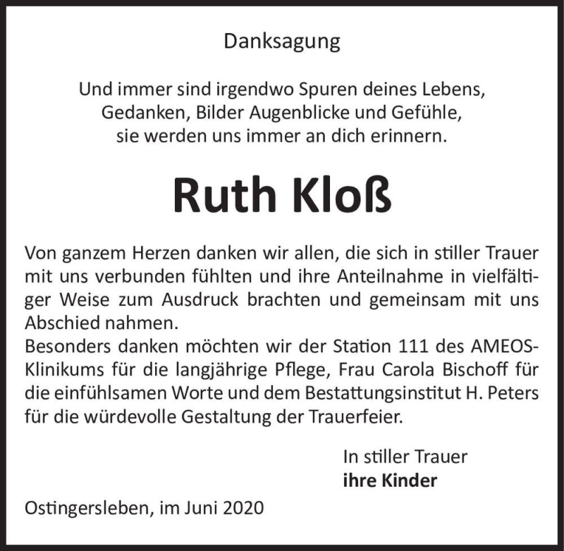  Traueranzeige für Ruth Kloß  vom 06.06.2020 aus Magdeburger Volksstimme