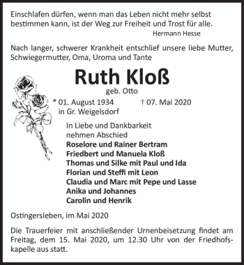 Traueranzeige von Ruth Kloß (geb. Otto)  von Magdeburger Volksstimme