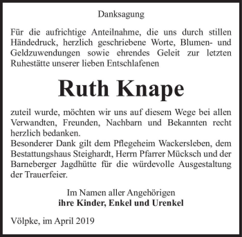 Traueranzeige von Ruth Knape  von Magdeburger Volksstimme