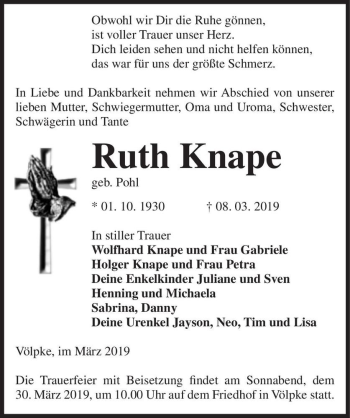 Traueranzeige von Ruth Knape (geb. Pohl)  von Magdeburger Volksstimme