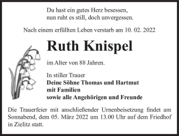 Traueranzeige von Ruth Knispel  von Magdeburger Volksstimme