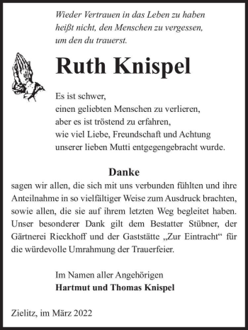 Traueranzeige von Ruth Knispel  von Magdeburger Volksstimme