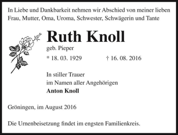 Traueranzeige von Ruth Knoll (geb. Pieper)  von Magdeburger Volksstimme