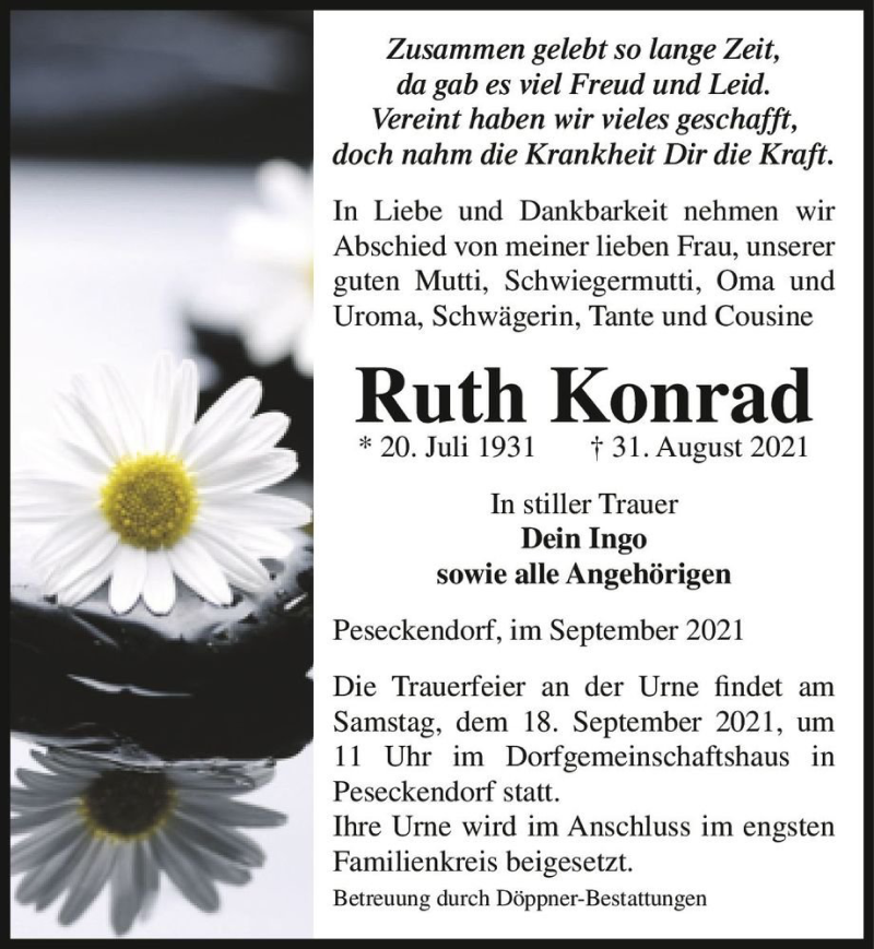  Traueranzeige für Ruth Konrad  vom 04.09.2021 aus Magdeburger Volksstimme