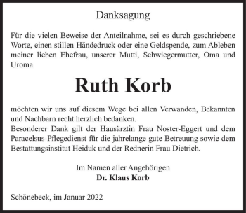 Traueranzeige von Ruth Korb  von Magdeburger Volksstimme
