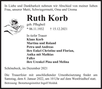 Traueranzeige von Ruth Korb (geb. Pflugbeil)  von Magdeburger Volksstimme