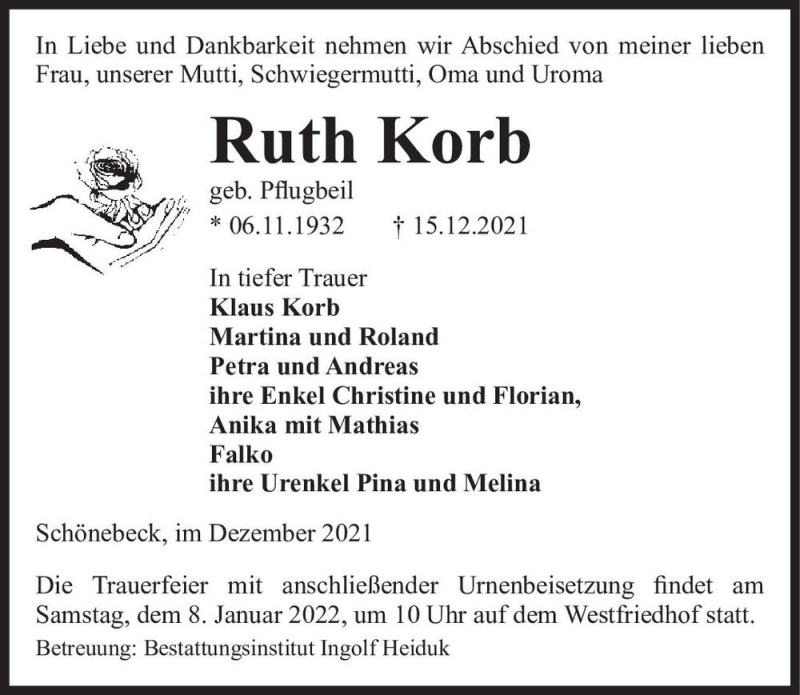  Traueranzeige für Ruth Korb (geb. Pflugbeil)  vom 18.12.2021 aus Magdeburger Volksstimme